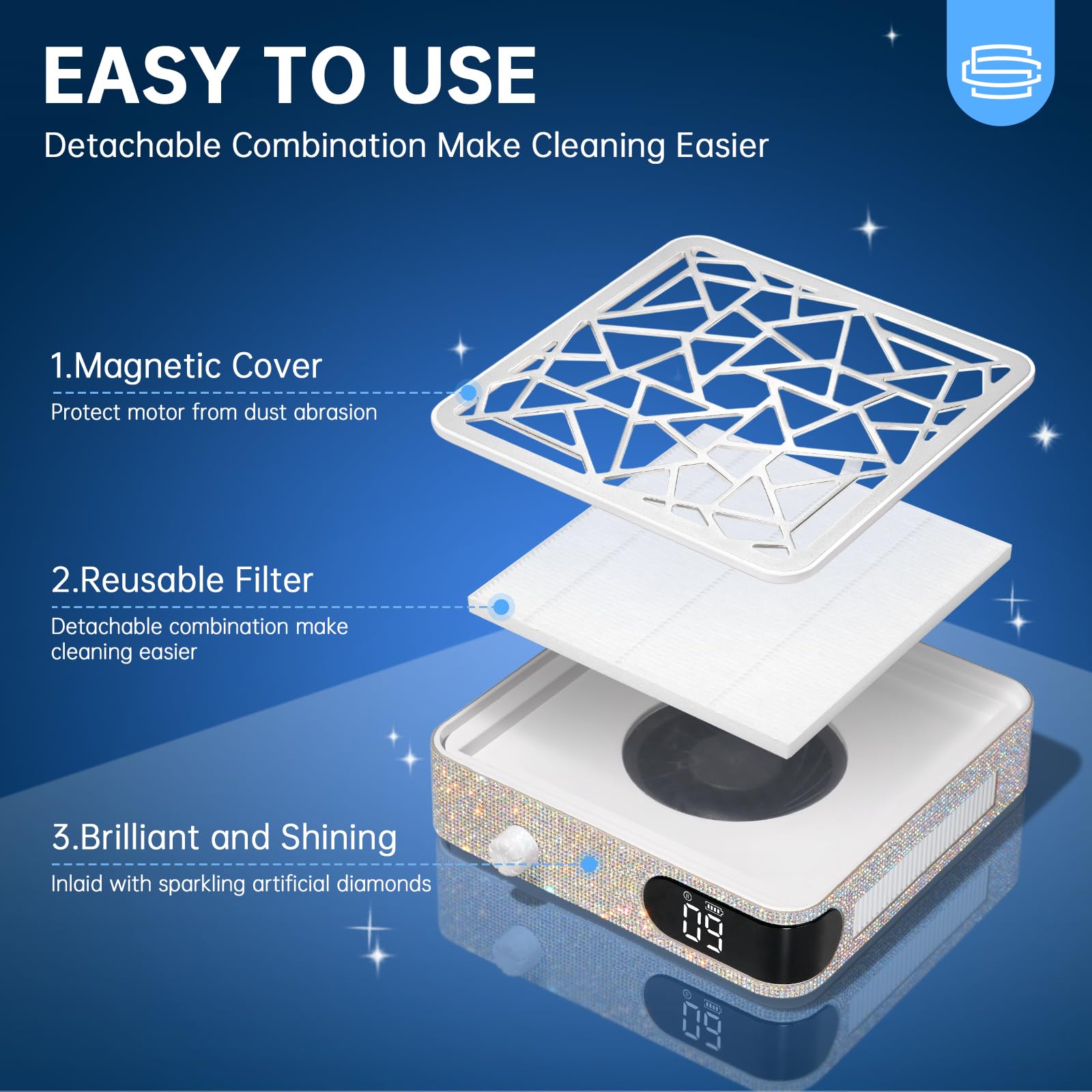 CHRISTINE SHELLY Nail Dust Collector top view emphasizing simple one-button switch