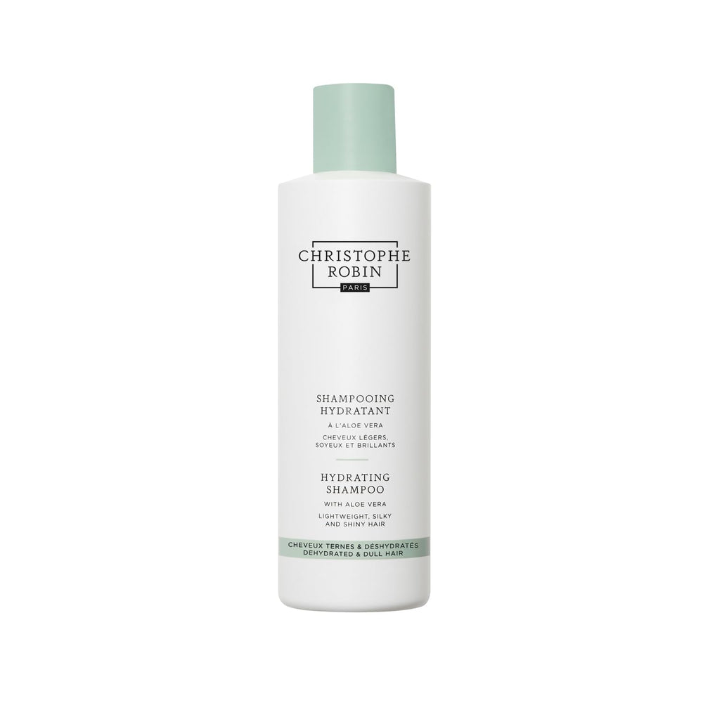 Christophe Robin Hydrating Shampoo Aloe Vera bottle shows ultra-hydrating formula for dry hair