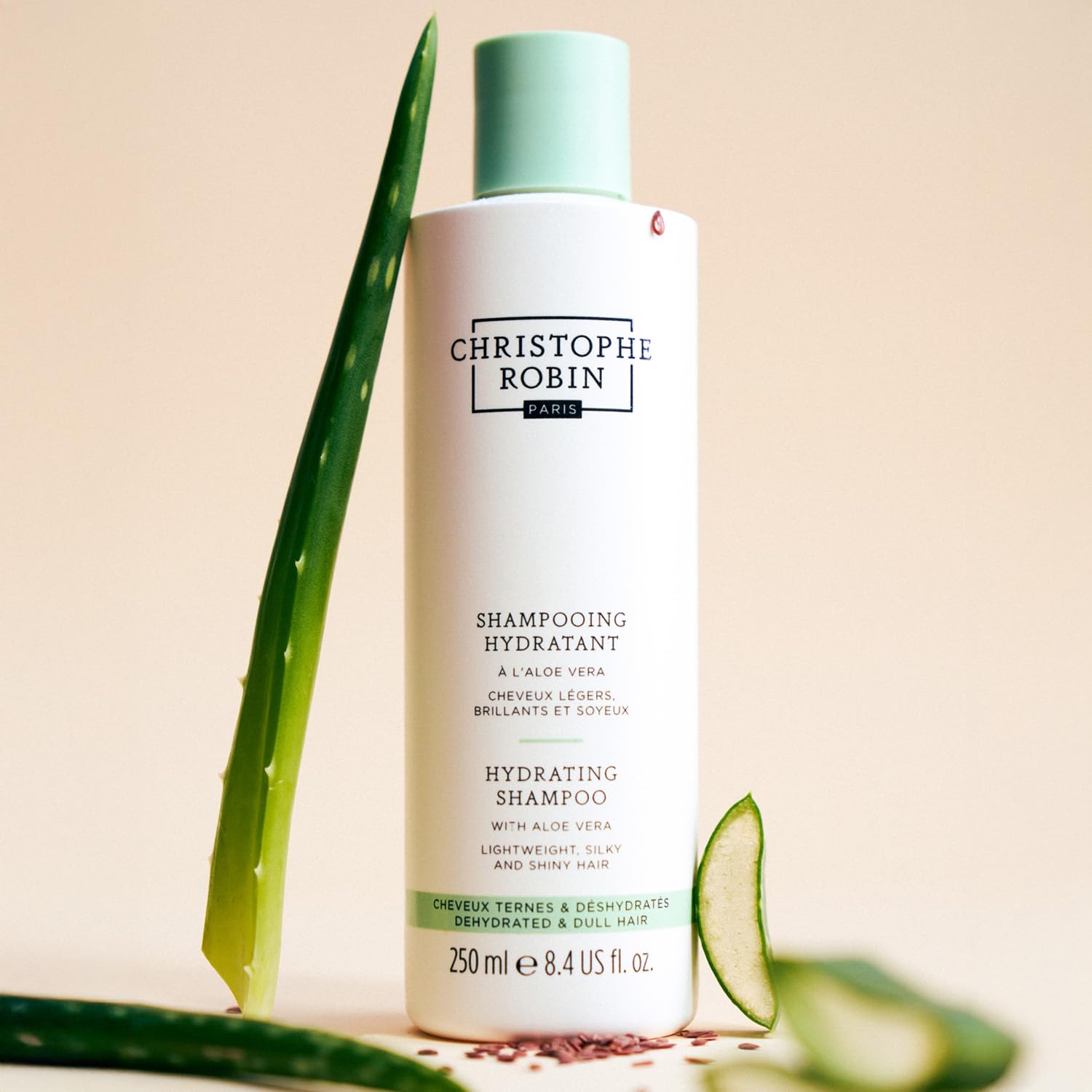 Christophe Robin Hydrating Shampoo flaxseed oil features resilience-boosting nourishment for hair fibers