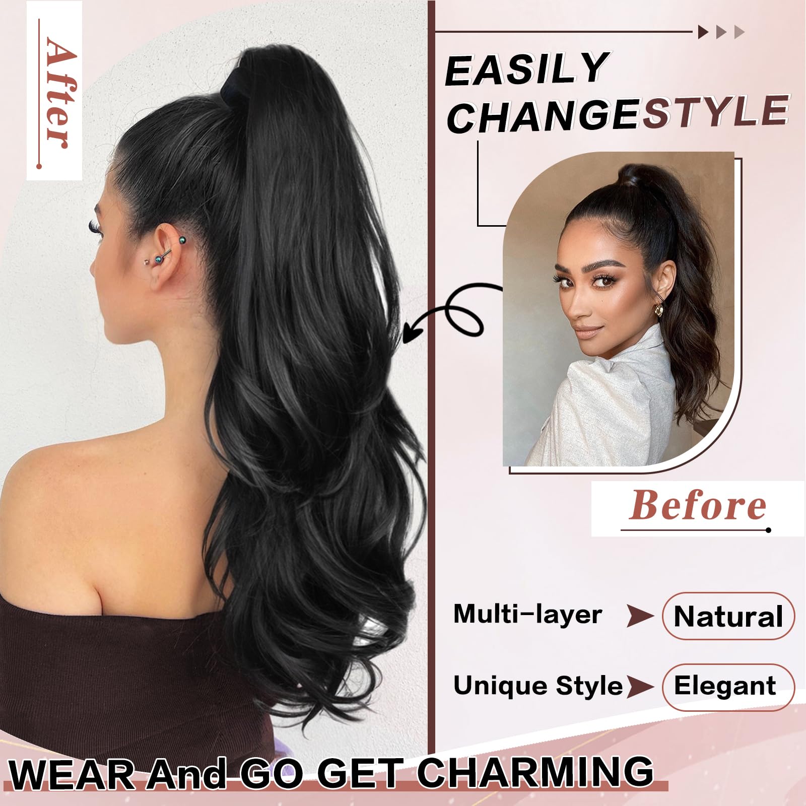 CHRSHN 26inch ponytail side view shows length and volume for instant transformation.