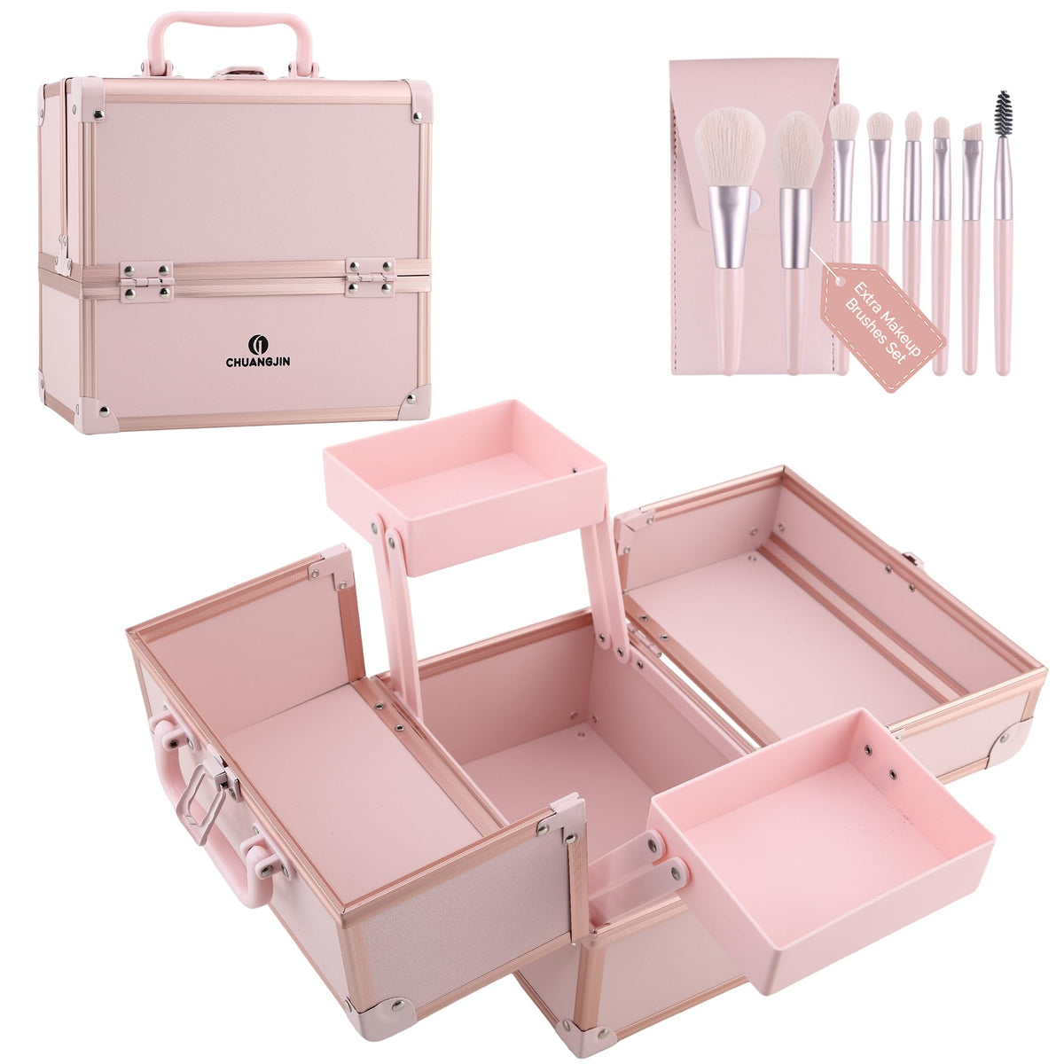 CHUANGJIN makeup train case shows aluminum frame for durable travel storage.