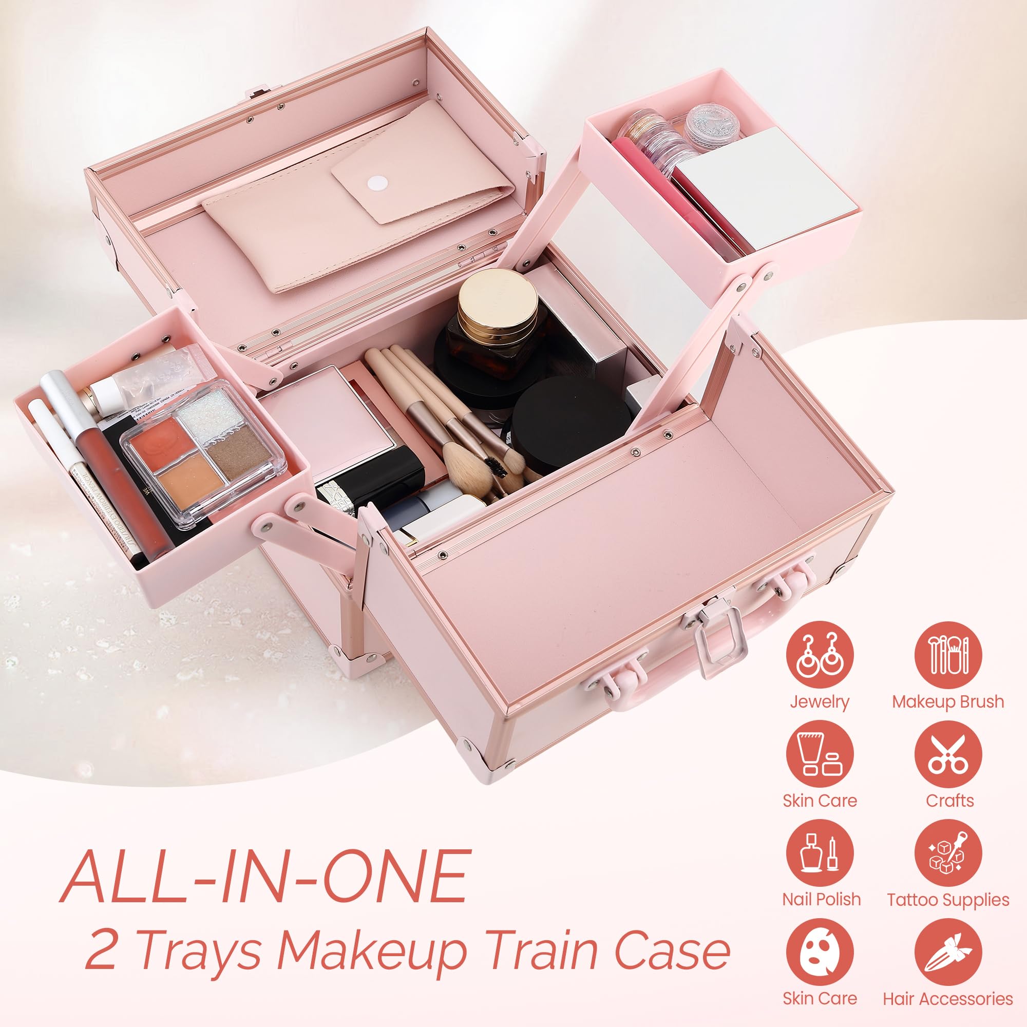 CHUANGJIN makeup train case curved-handle offers easy, comfortable portability.