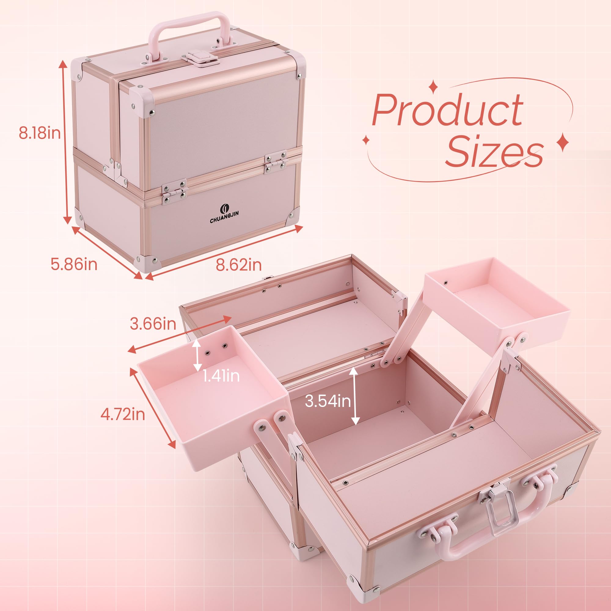 CHUANGJIN makeup train case lock-clasp keeps cosmetics secure during transport.