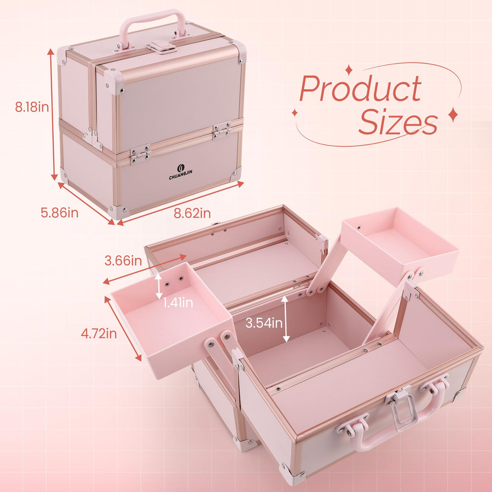 CHUANGJIN makeup train case lock-clasp keeps cosmetics secure during transport.