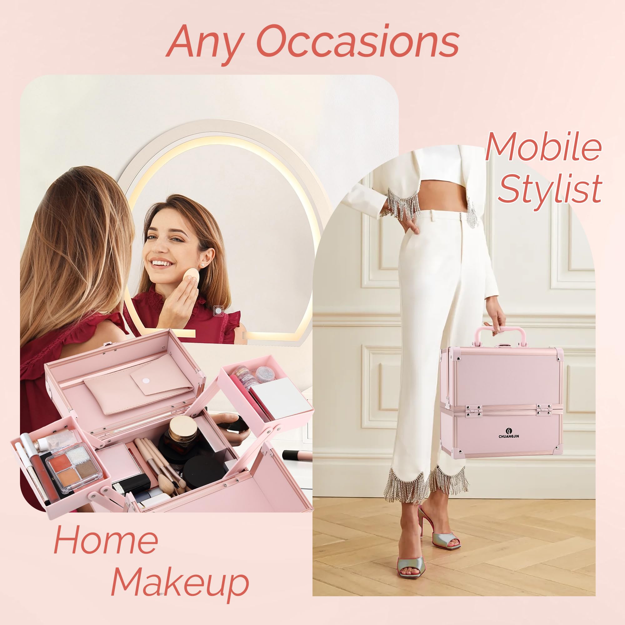 CHUANGJIN makeup train case spacious bottom fits brushes, lipsticks, sponges.