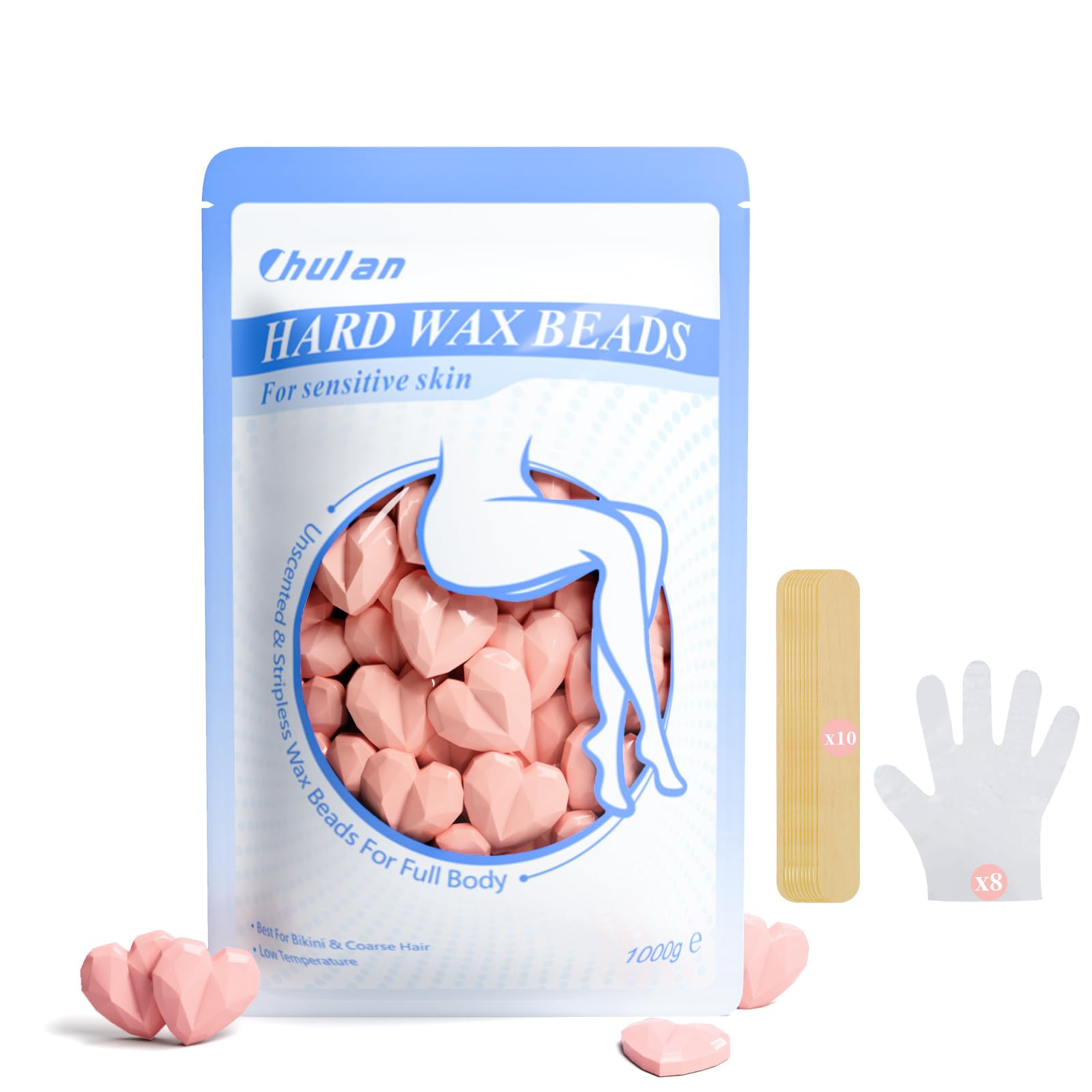 Chulan hard wax beads heart unscented 1000g; gentle at-home waxing for sensitive skin.