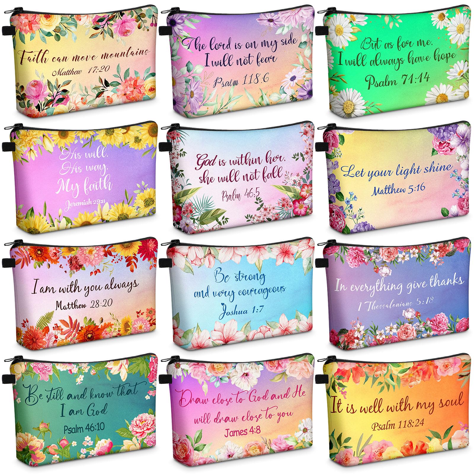 Chunful 12-piece Christian makeup bags with vivid patterns for organization.