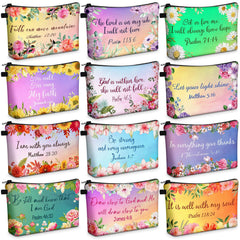 Chunful 12-piece Christian makeup bags with vivid patterns for organization.