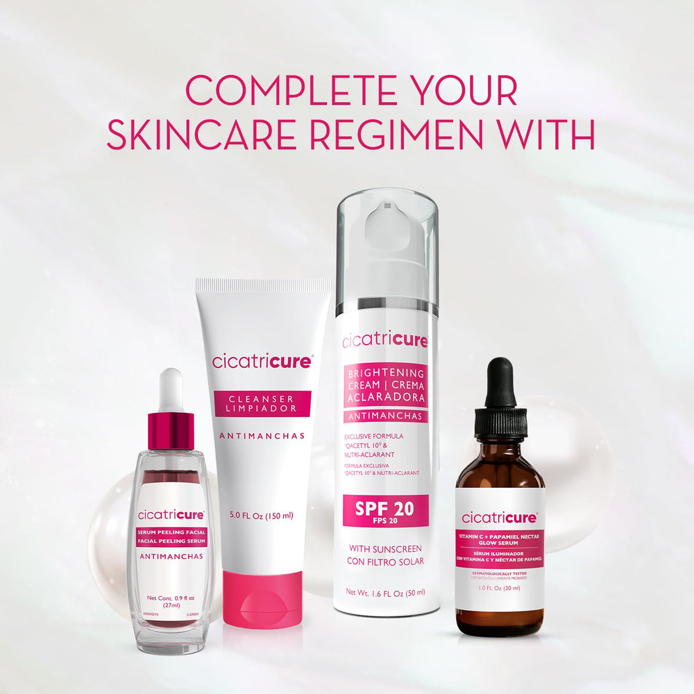 Cicatricure Antimanchas skin-brightening visual demonstrates improved radiance and even tone