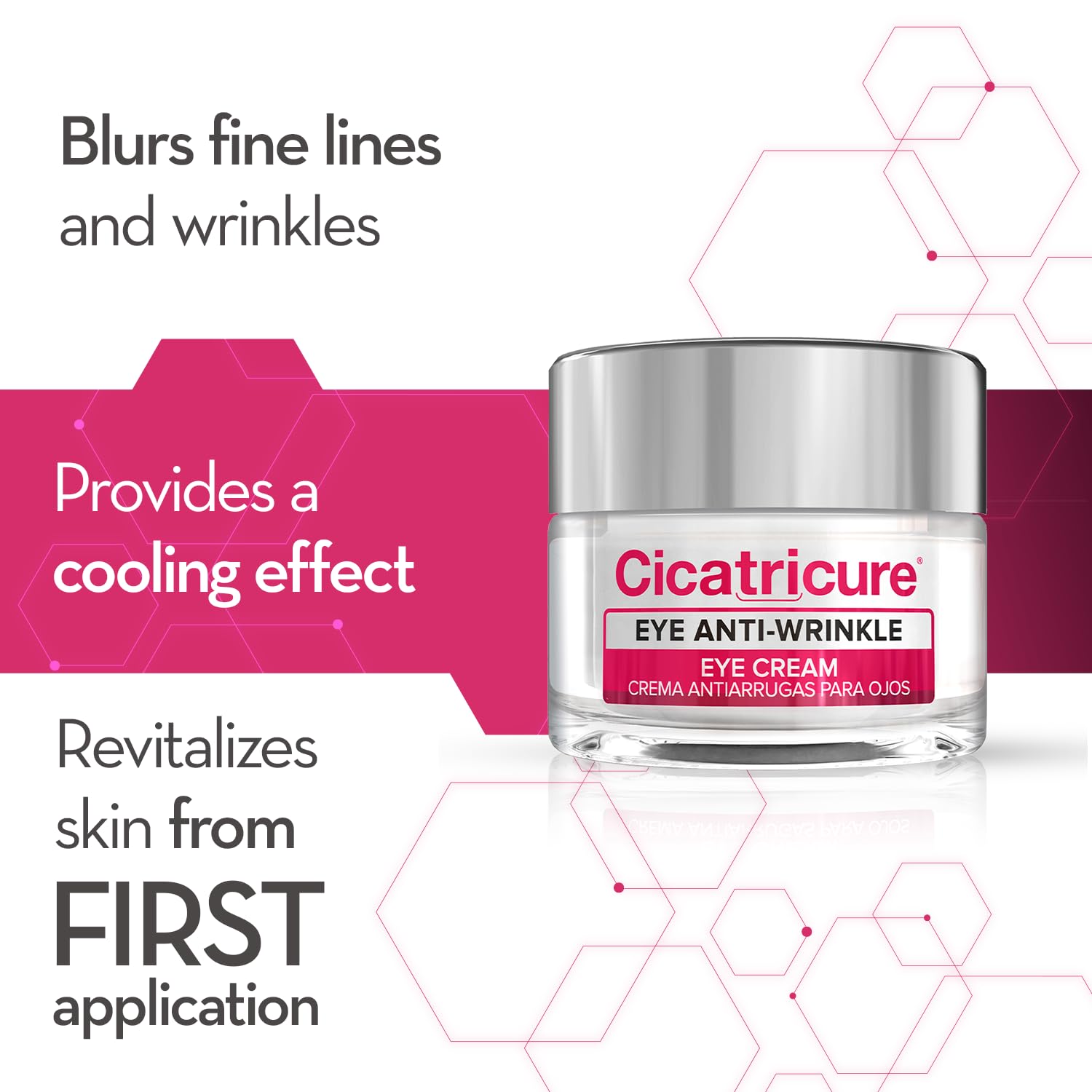 Cicatricure eye cream cooling gel on eyelids for refreshing eye-area experience.