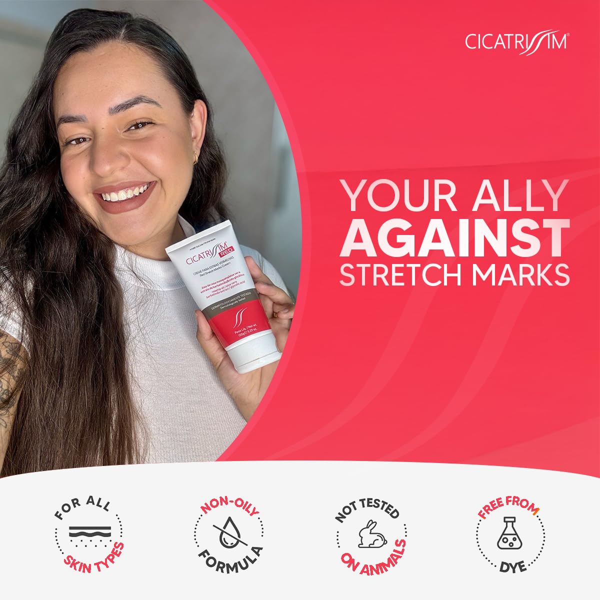 cicatrissim red stretch cream on thigh illustrating even-toned skin texture