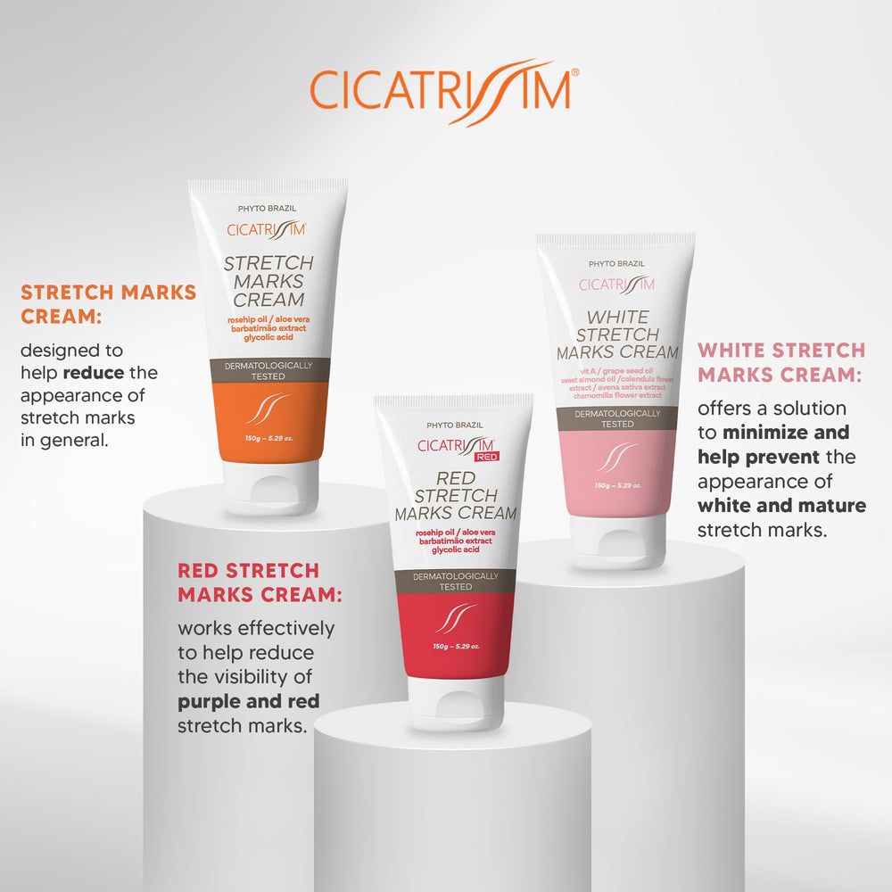 Cicatrissim stretch mark cream used on thighs and abdomen for improved texture