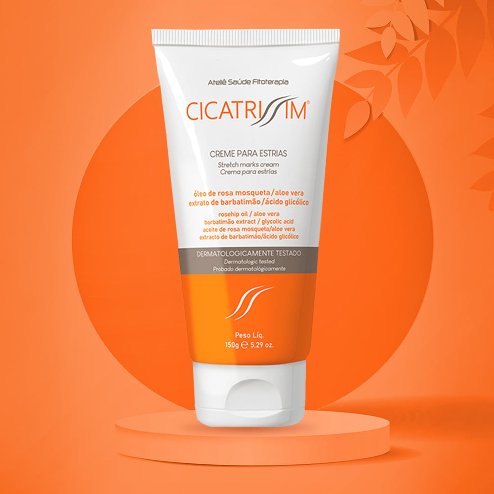 Cicatrissim stretch mark cream bottle on shelf for daily skincare routine