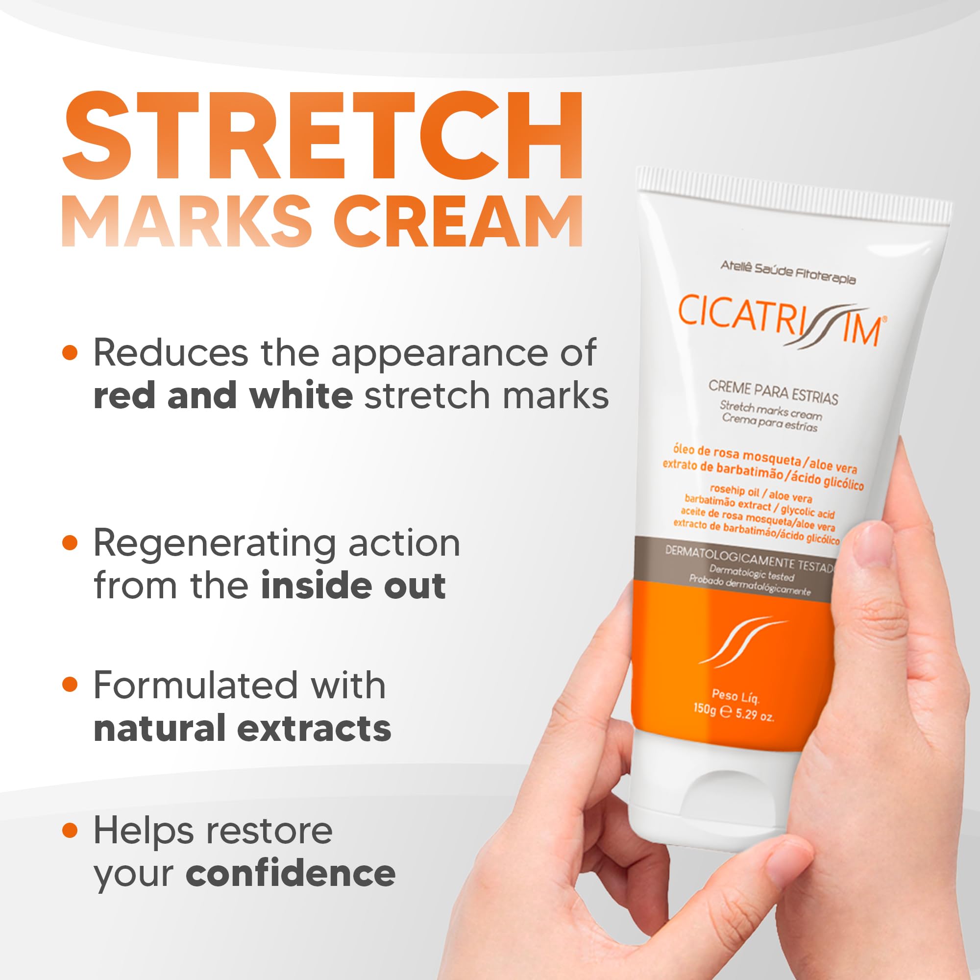 Cicatrissim stretch mark cream texture close-up showing lightweight absorption