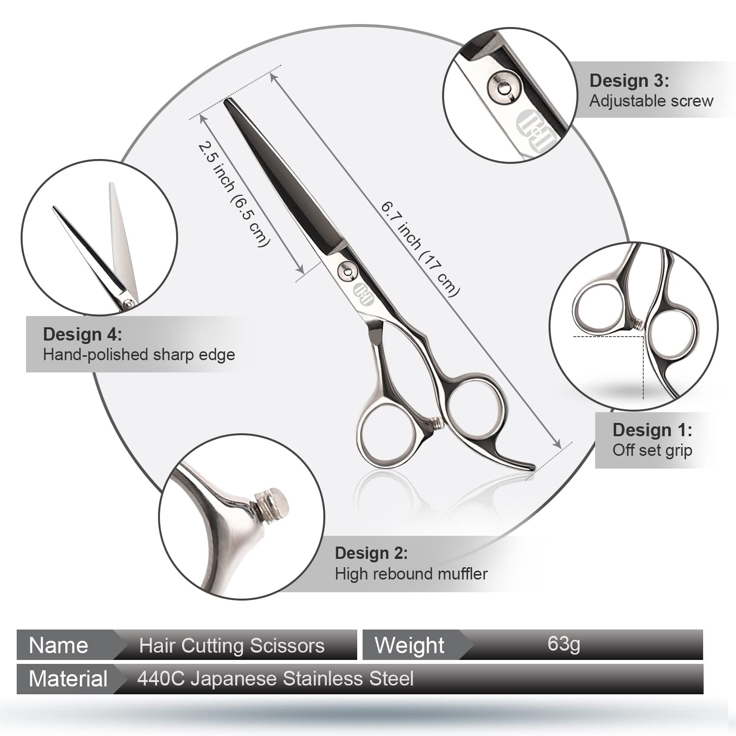 CIICII hair cutting scissors offset handle demonstrating ergonomic grip for reduced fatigue.