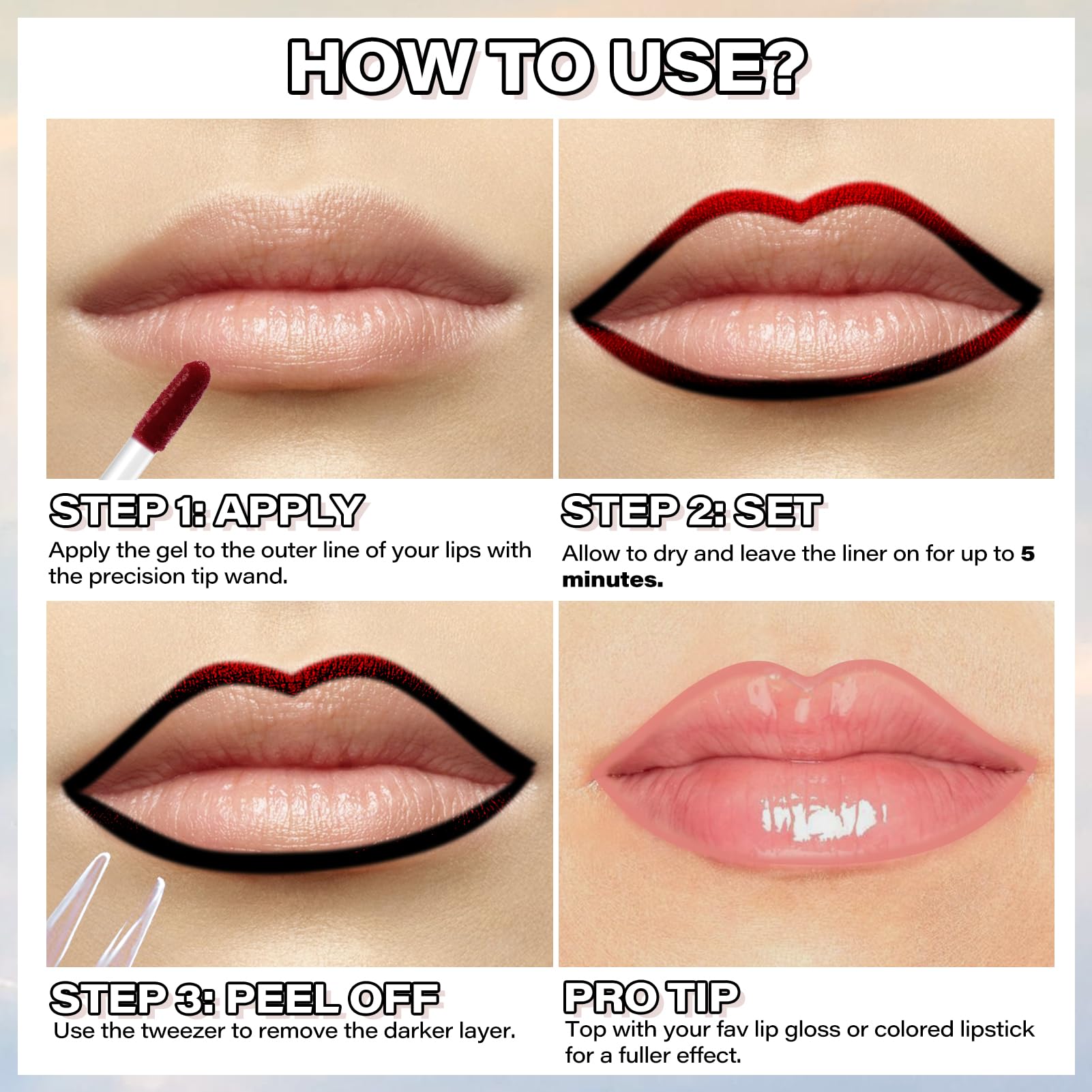 Cilrofelr Lip stain application with tweezer provides precise, clean lip definition