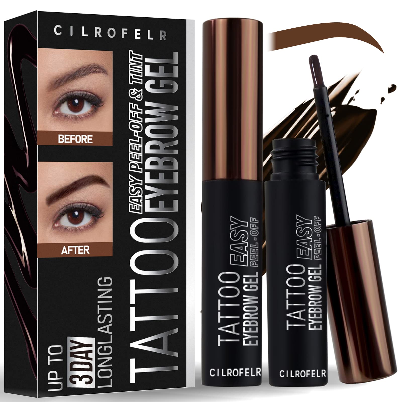 Cilrofelr Tattoo Brow Tint Gel application shows precise brow tint with a natural finish.
