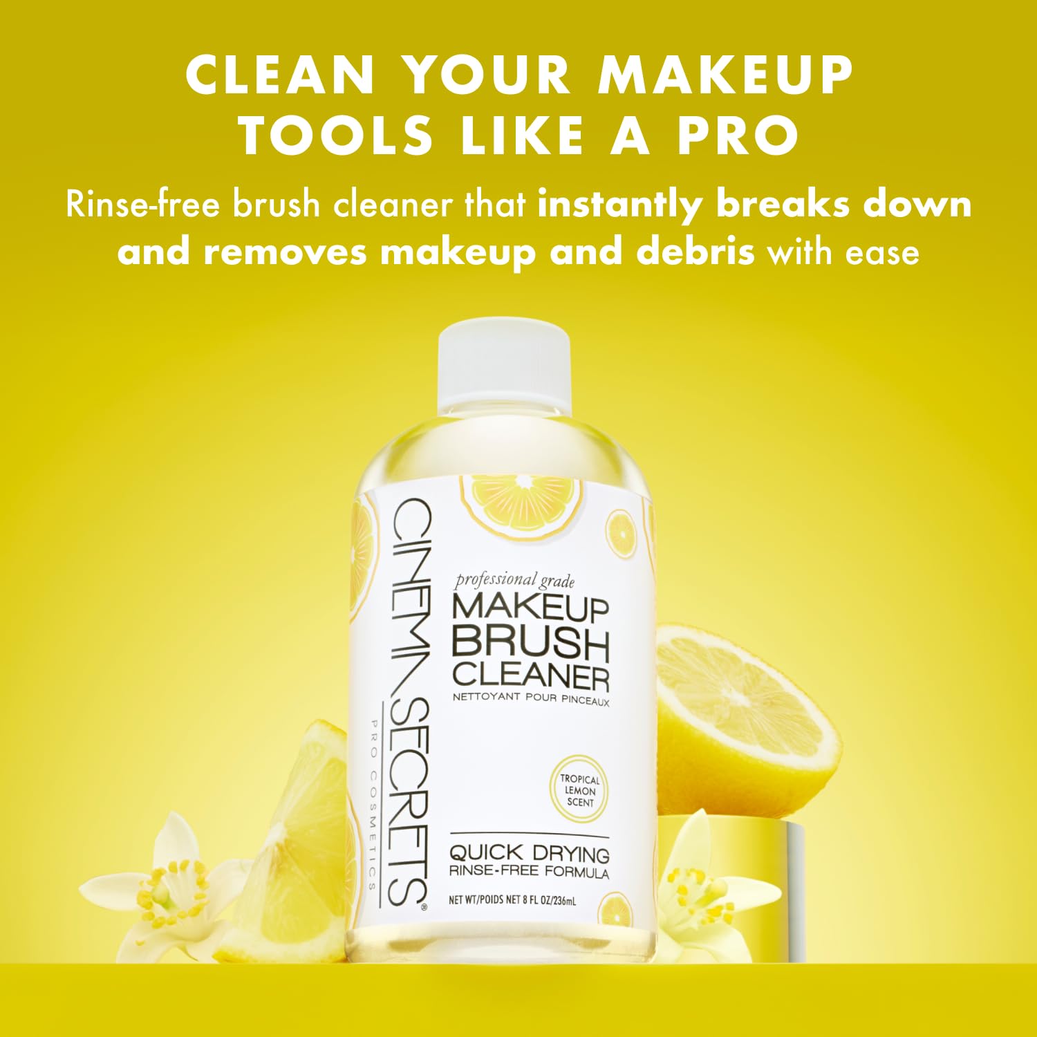 Cinema Secrets brush cleaner dip-brush action cleans buildup and oils.