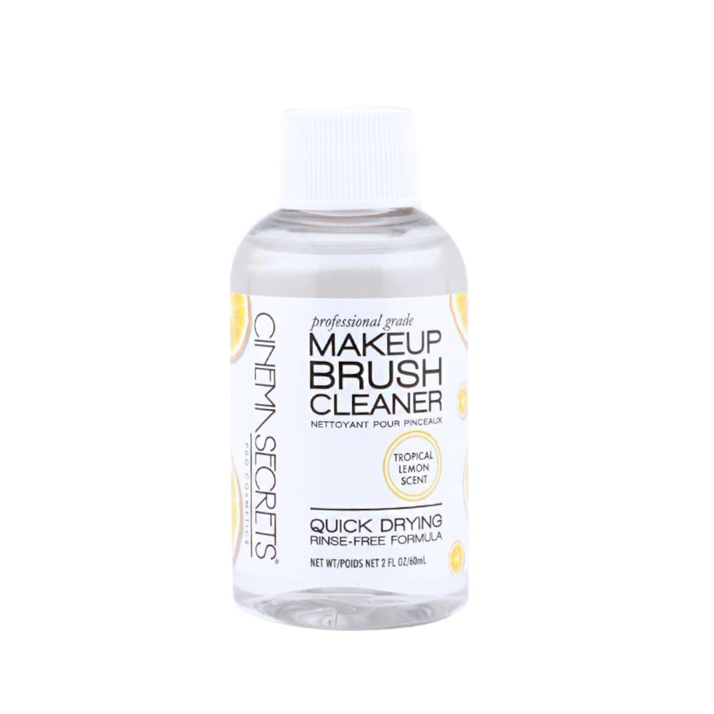 Cinema Secrets brush cleaner bottle shows lemon scent and quick-drying benefits.