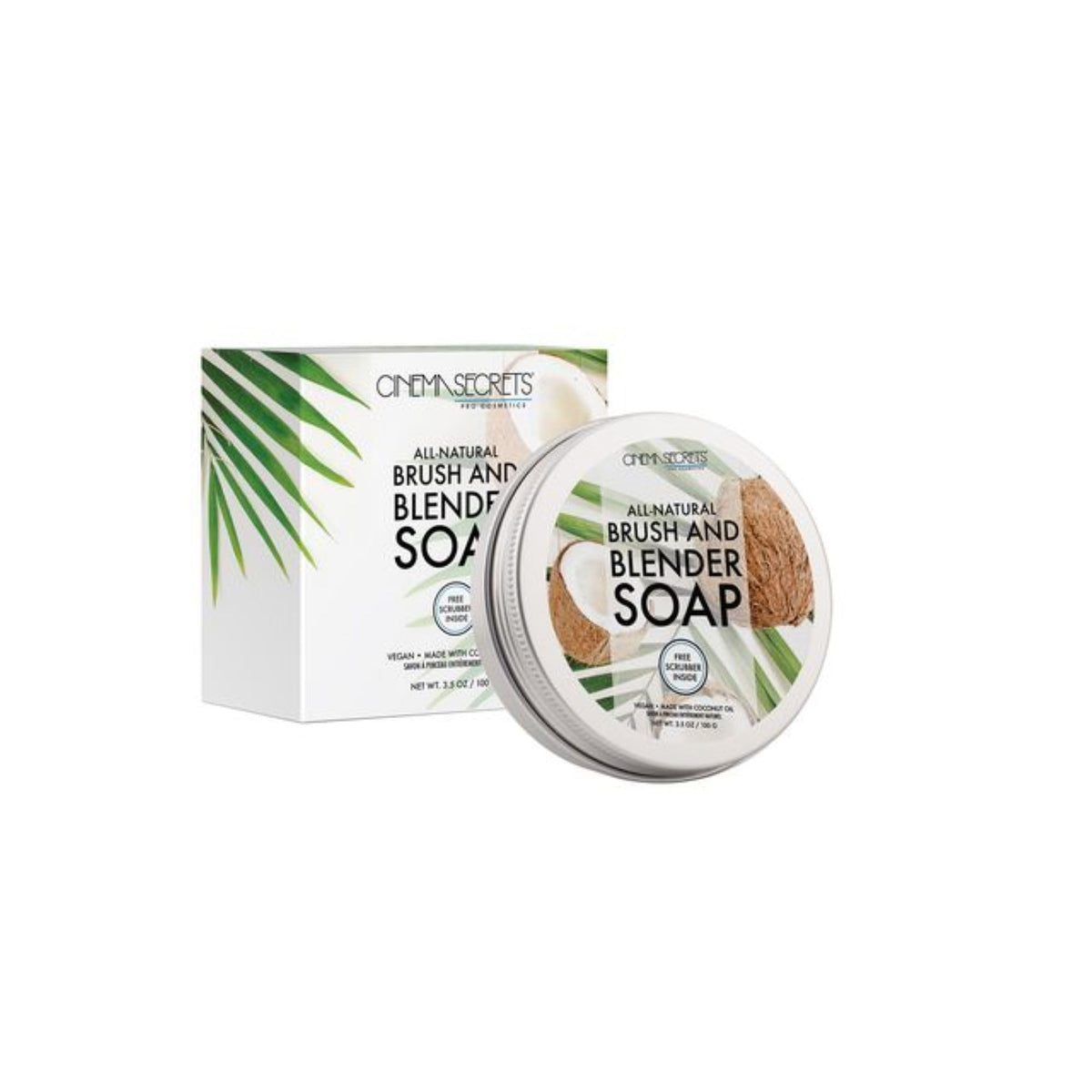 Cinema Secrets vegan brush cleaner soap packaging shows professional-grade clean for brushes.