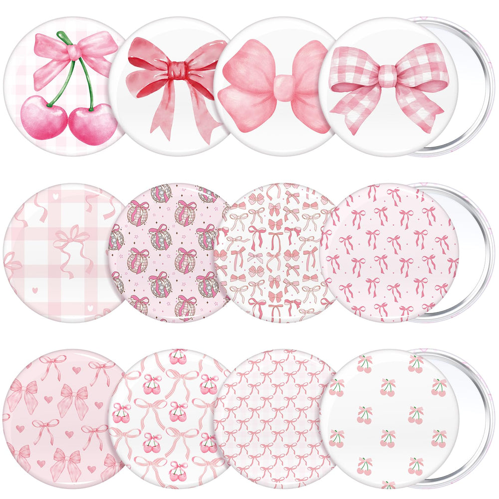 Cinnvoice pink bow pattern compact mirror for on-the-go touch-ups