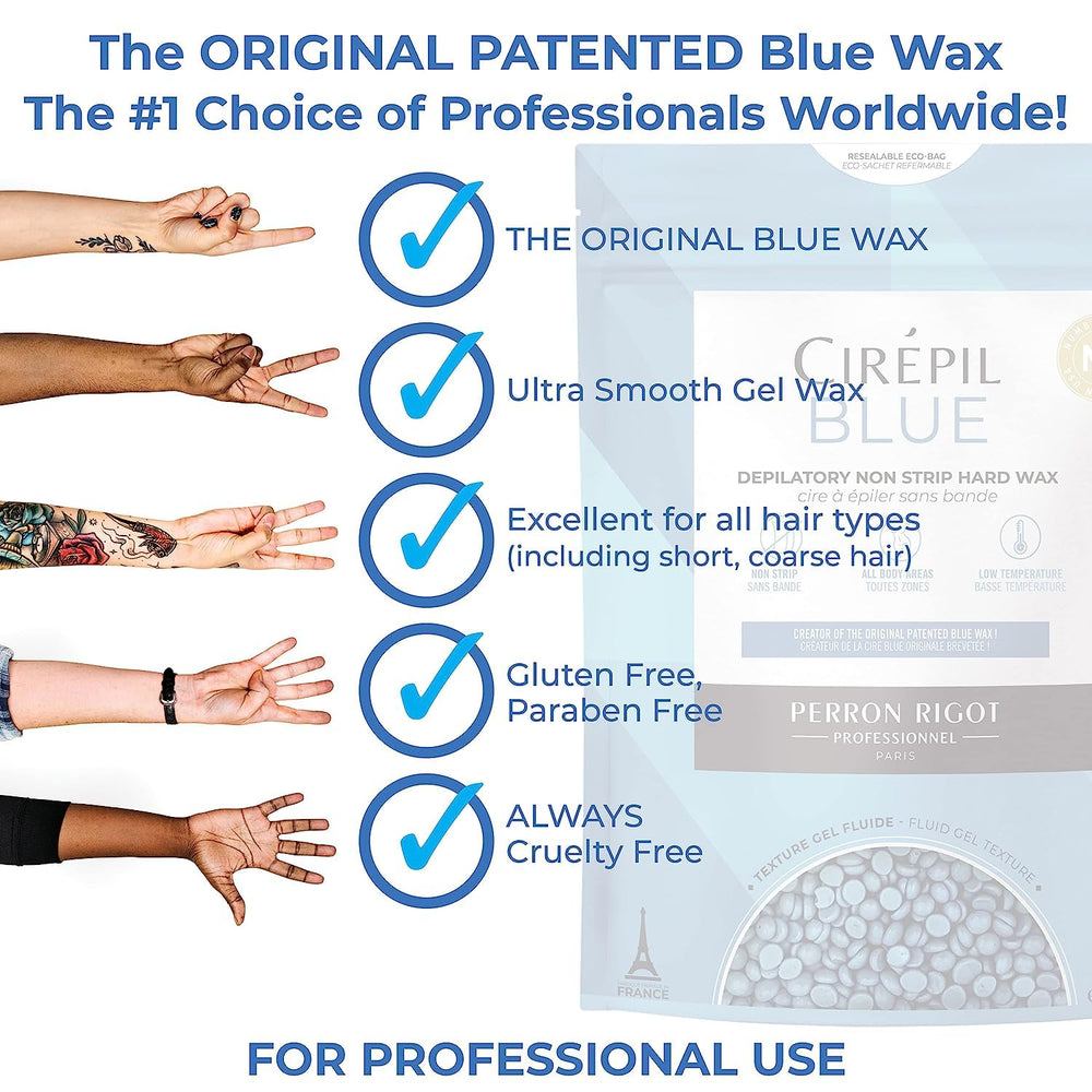 Hands applying Cirepil Blue wax during waxing session.