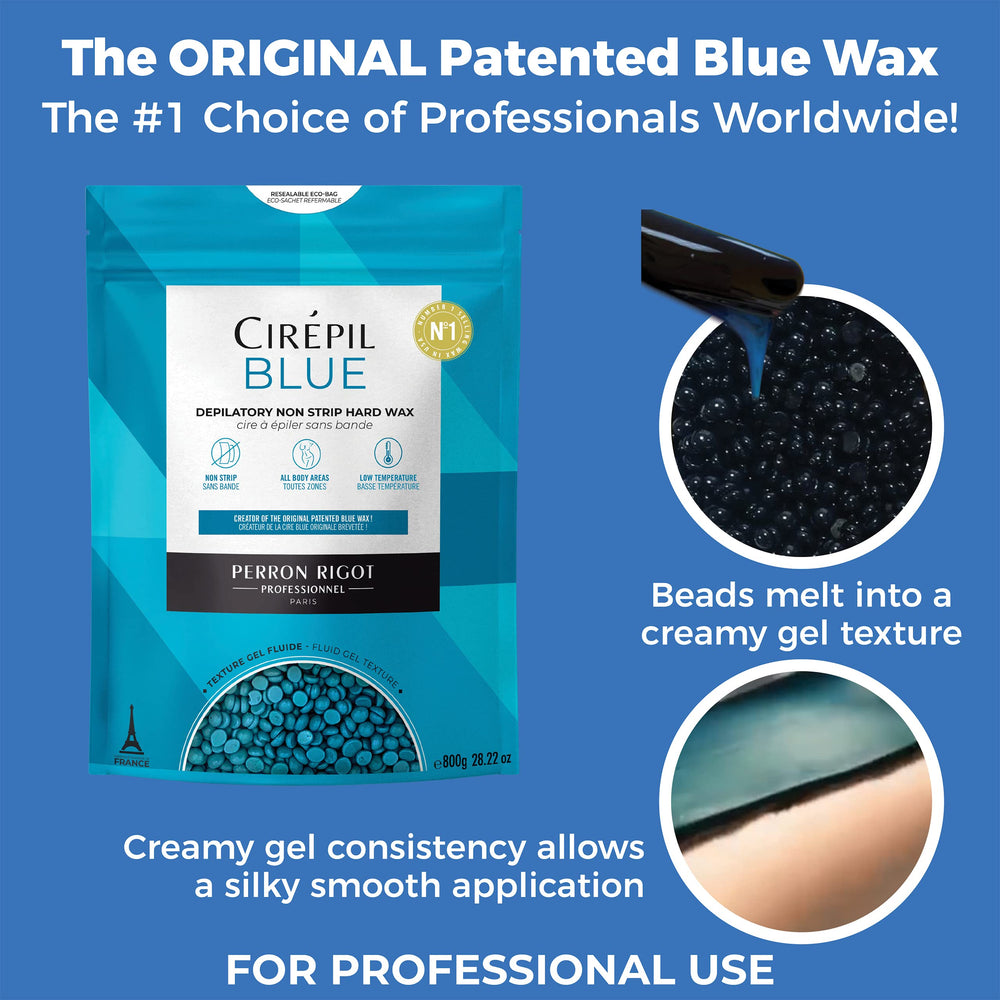 Cirepil Blue wax beads melting in a warmer for ready-to-use wax.