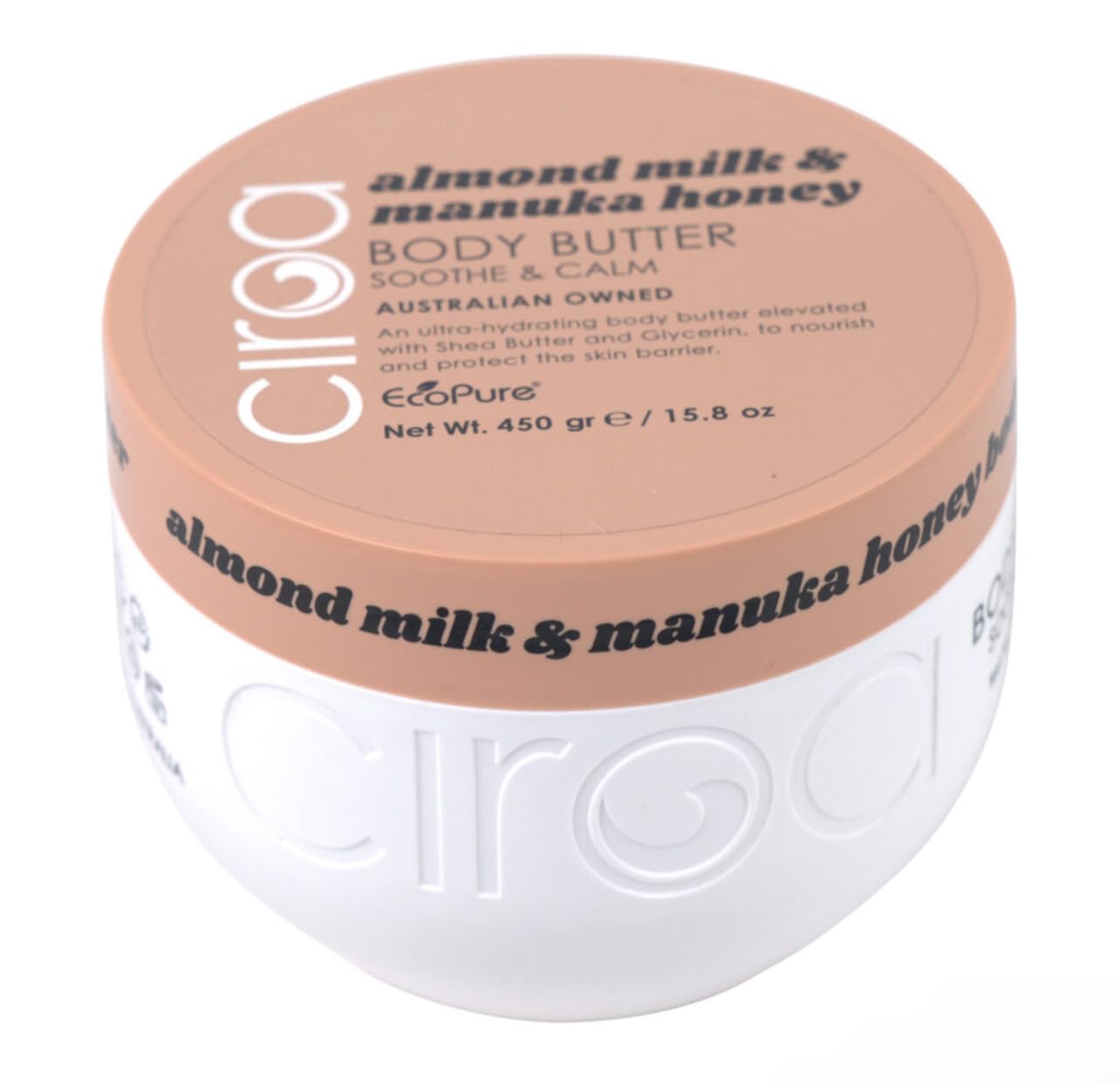 Ciroa Almond Milk & Manuka Honey Body Butter jar close-up highlighting rich, creamy texture for hydration.