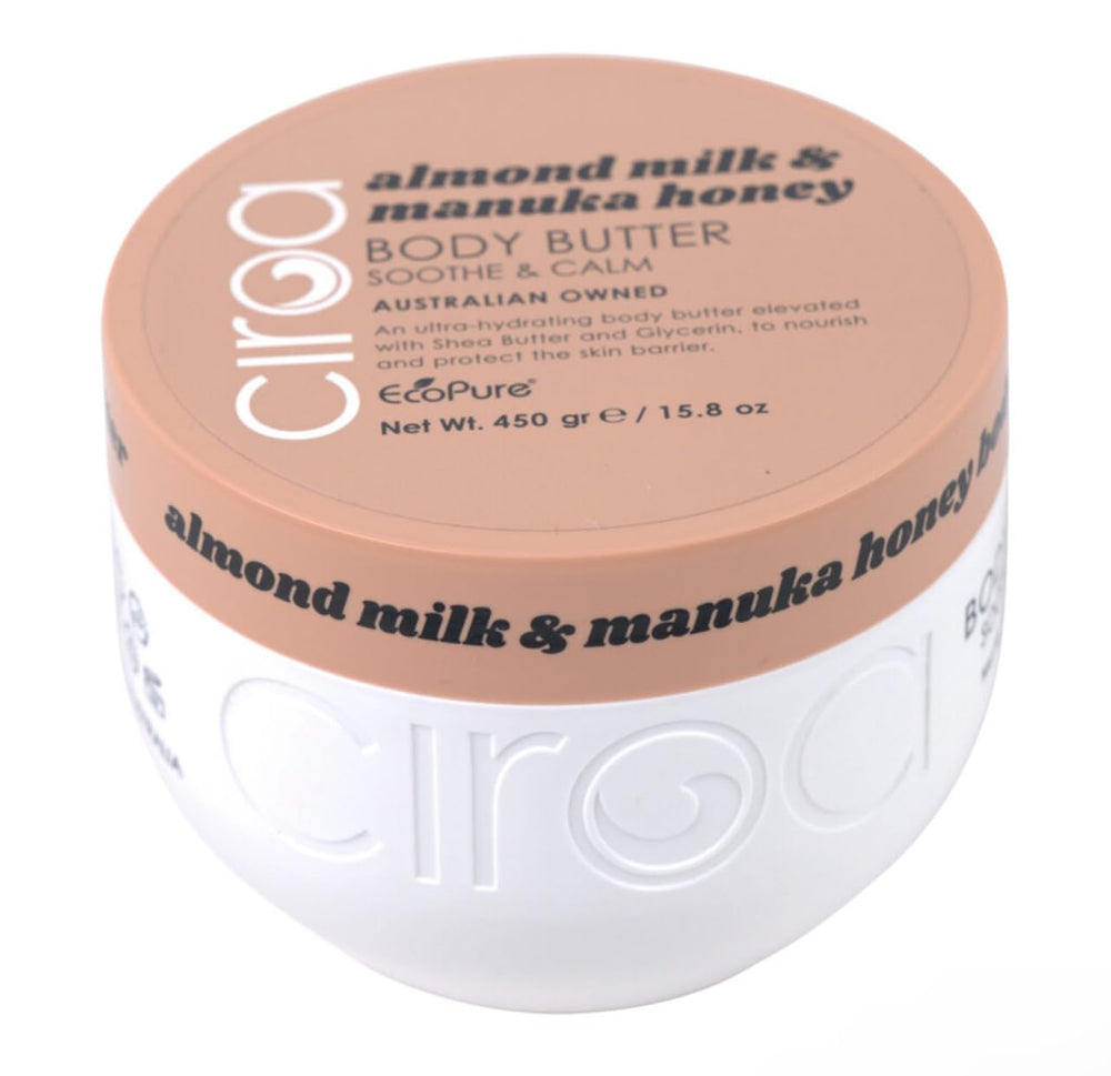 Ciroa Almond Milk & Manuka Honey Body Butter jar close-up highlighting rich, creamy texture for hydration.