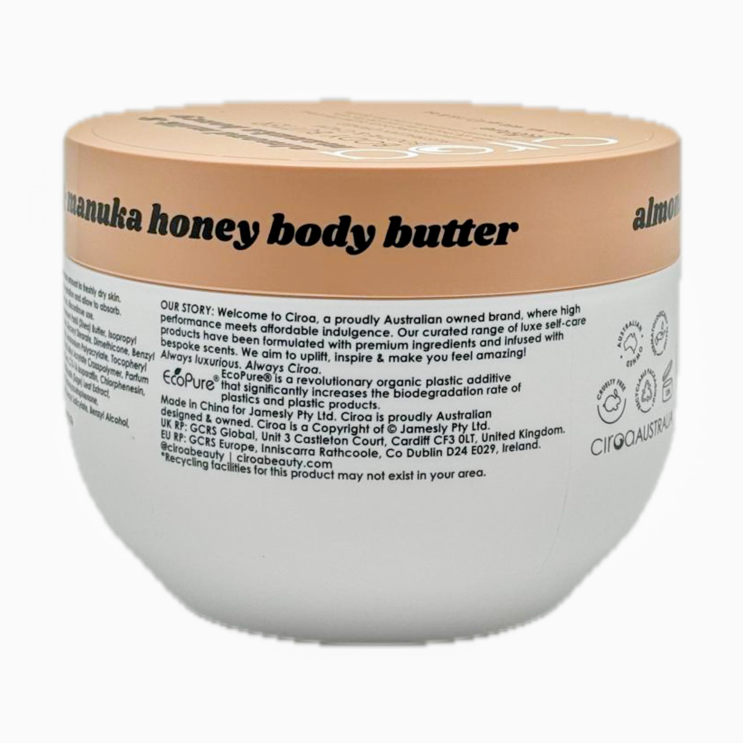 Ciroa Almond Milk & Manuka Honey Body Butter jar side shot emphasizes generous size.