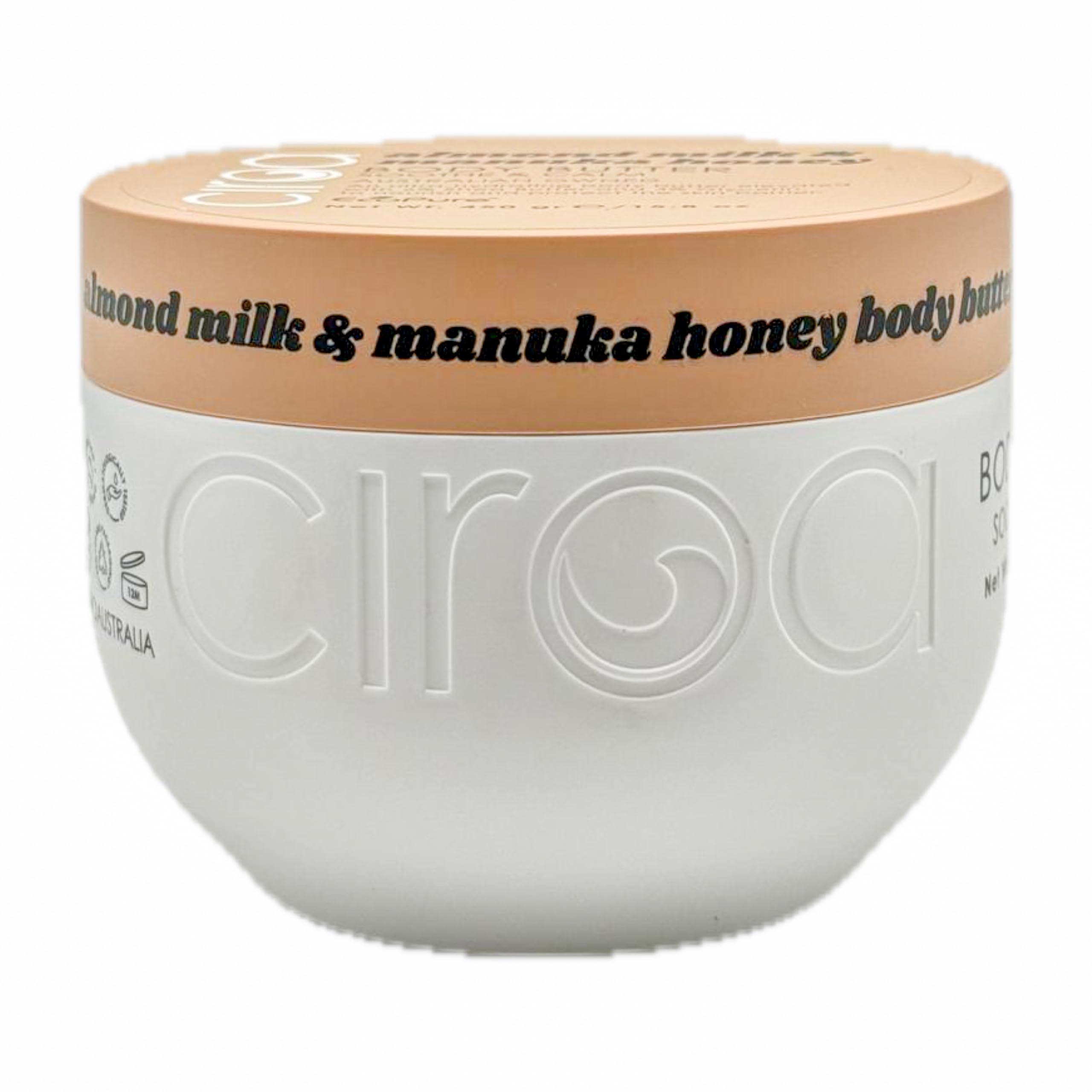 Ciroa Almond Milk & Manuka Honey Body Butter label explains soothing formula with 6% Shea Butter.