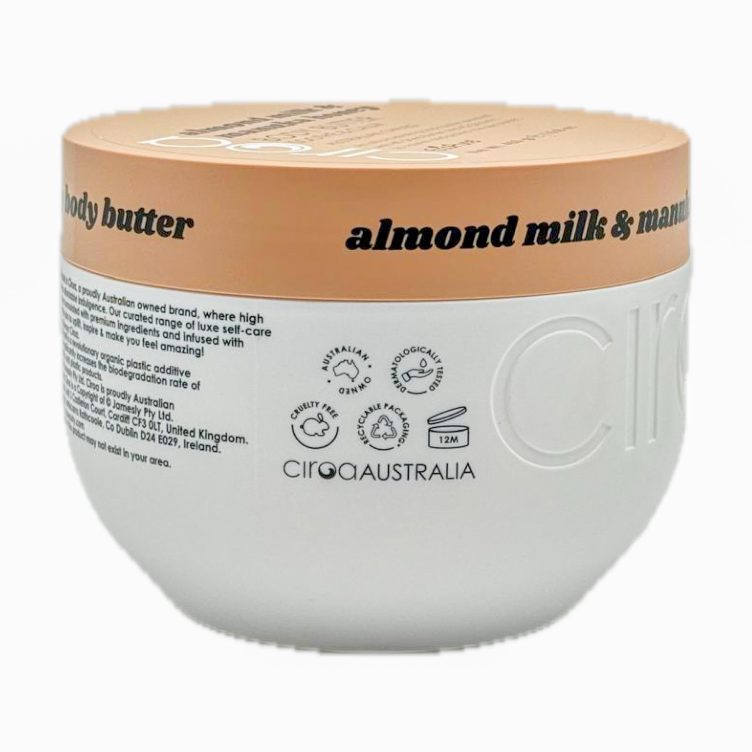 Ciroa Almond Milk & Manuka Honey Body Butter texture macro highlights creamy, velvety feel.