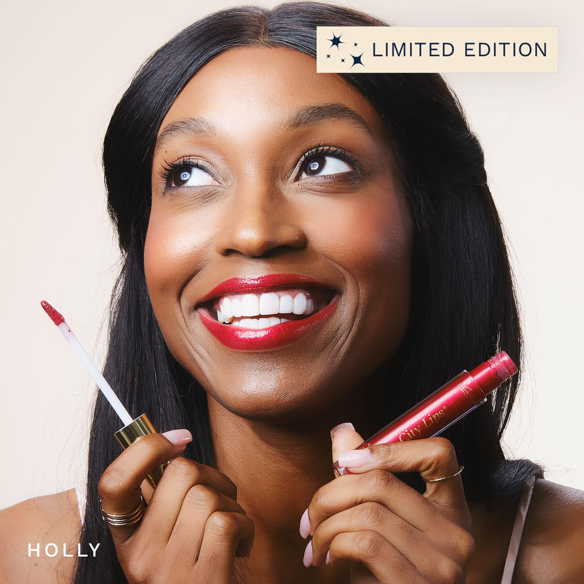 City Beauty City Lips Holly glow highlighting hyaluronic spheres for hydration and plumpness.