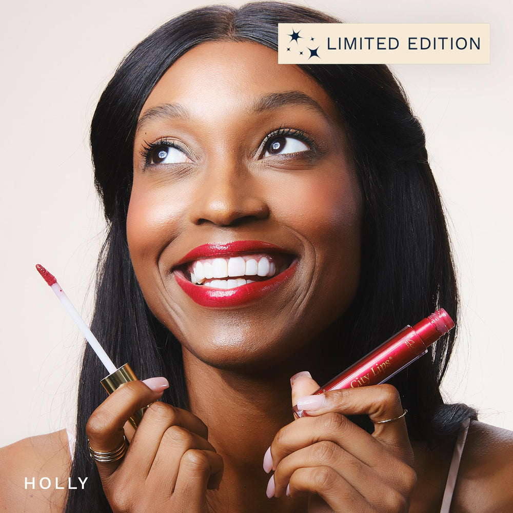 City Beauty City Lips Holly glow highlighting hyaluronic spheres for hydration and plumpness.