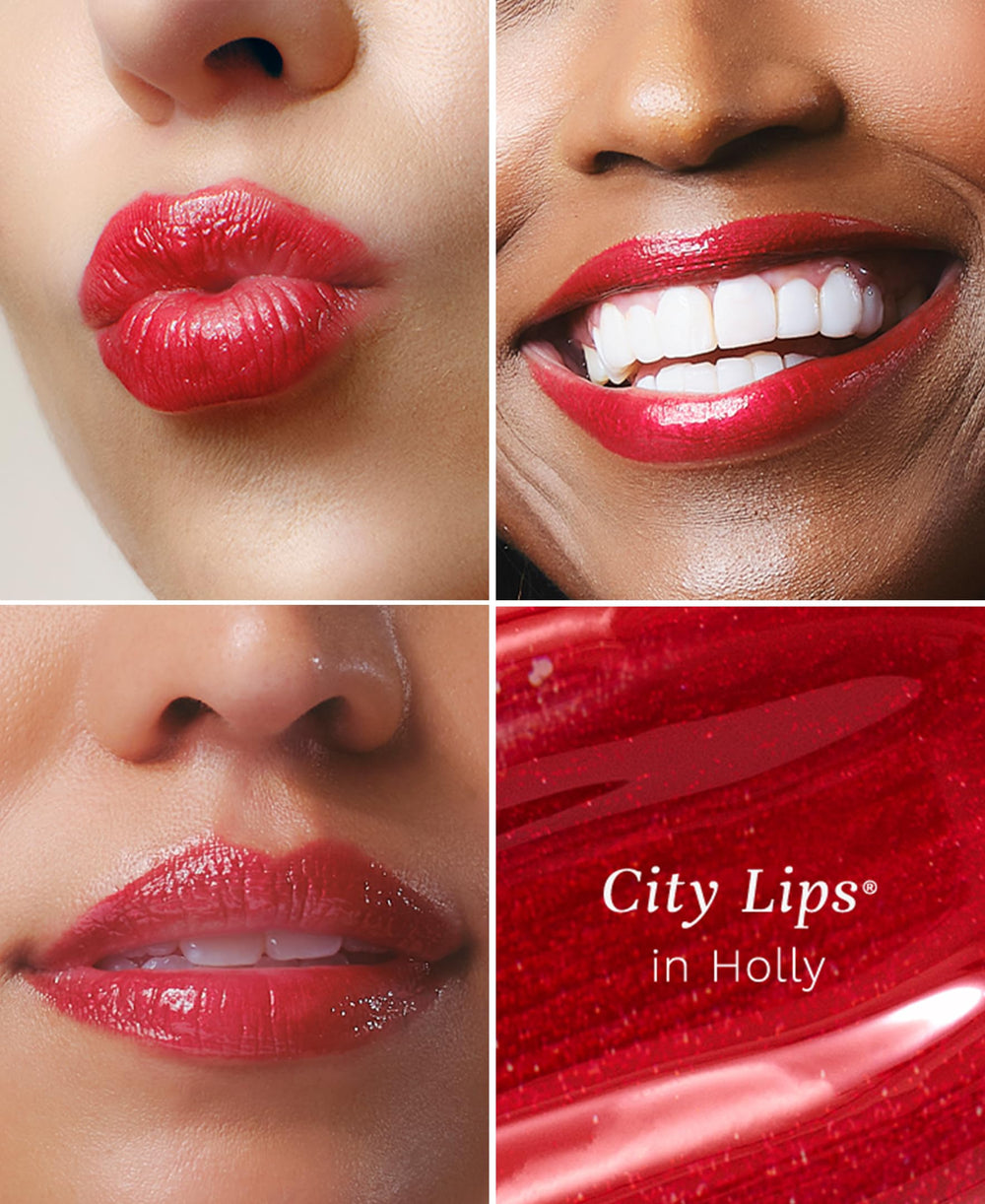 City Beauty City Lips Holly tube close-up shows rich red hue and sparkly finish.