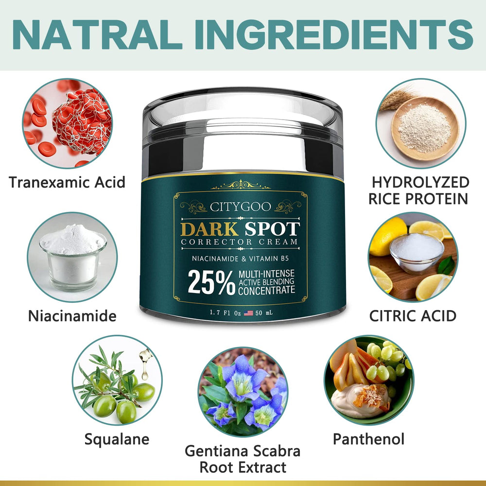 CITYGOO Dark Spot Remover ingredients closeup reinforces potent anti-spot action.