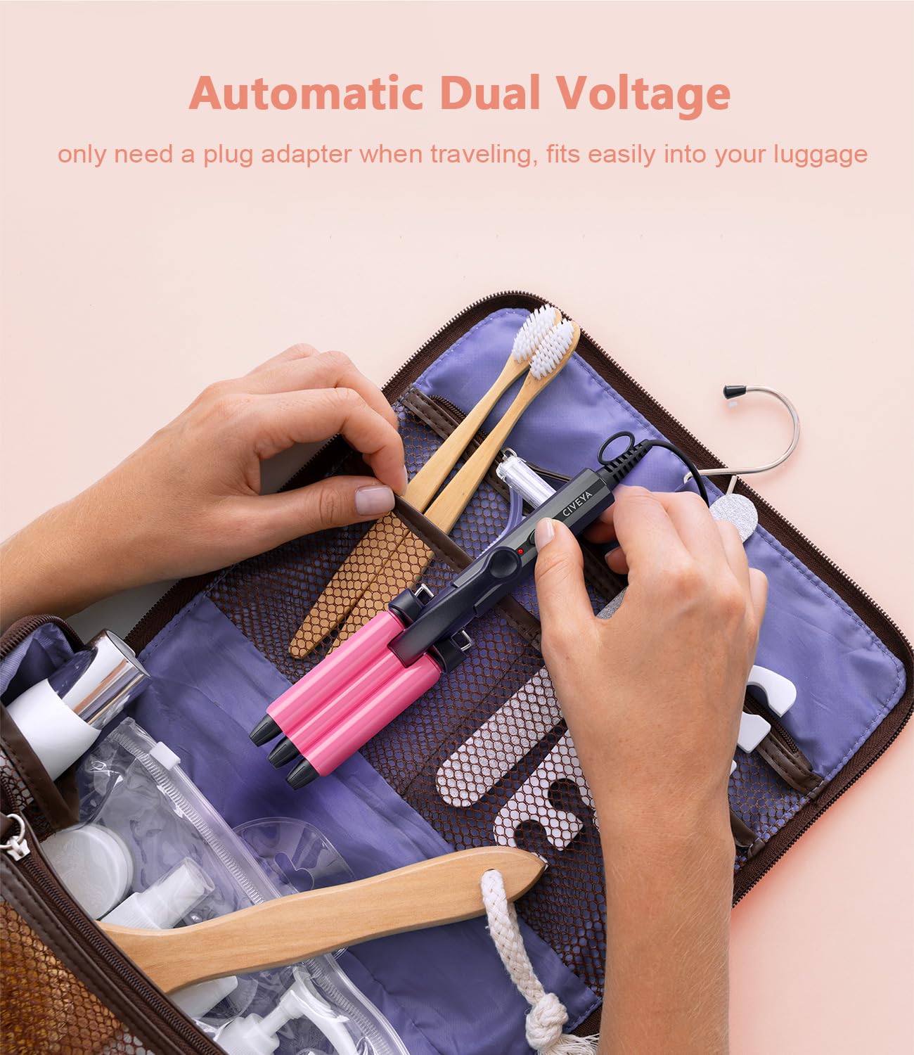 CIVEYA mini crimper in travel-friendly compact form for on-the-go styling.