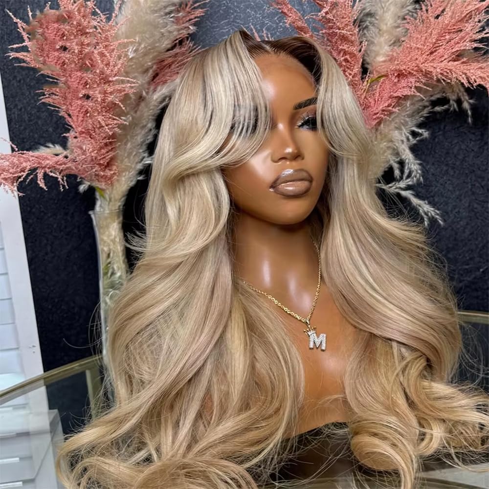 CIYOO Ombre Brown Roots Ash Blonde wig side view showing body wave texture