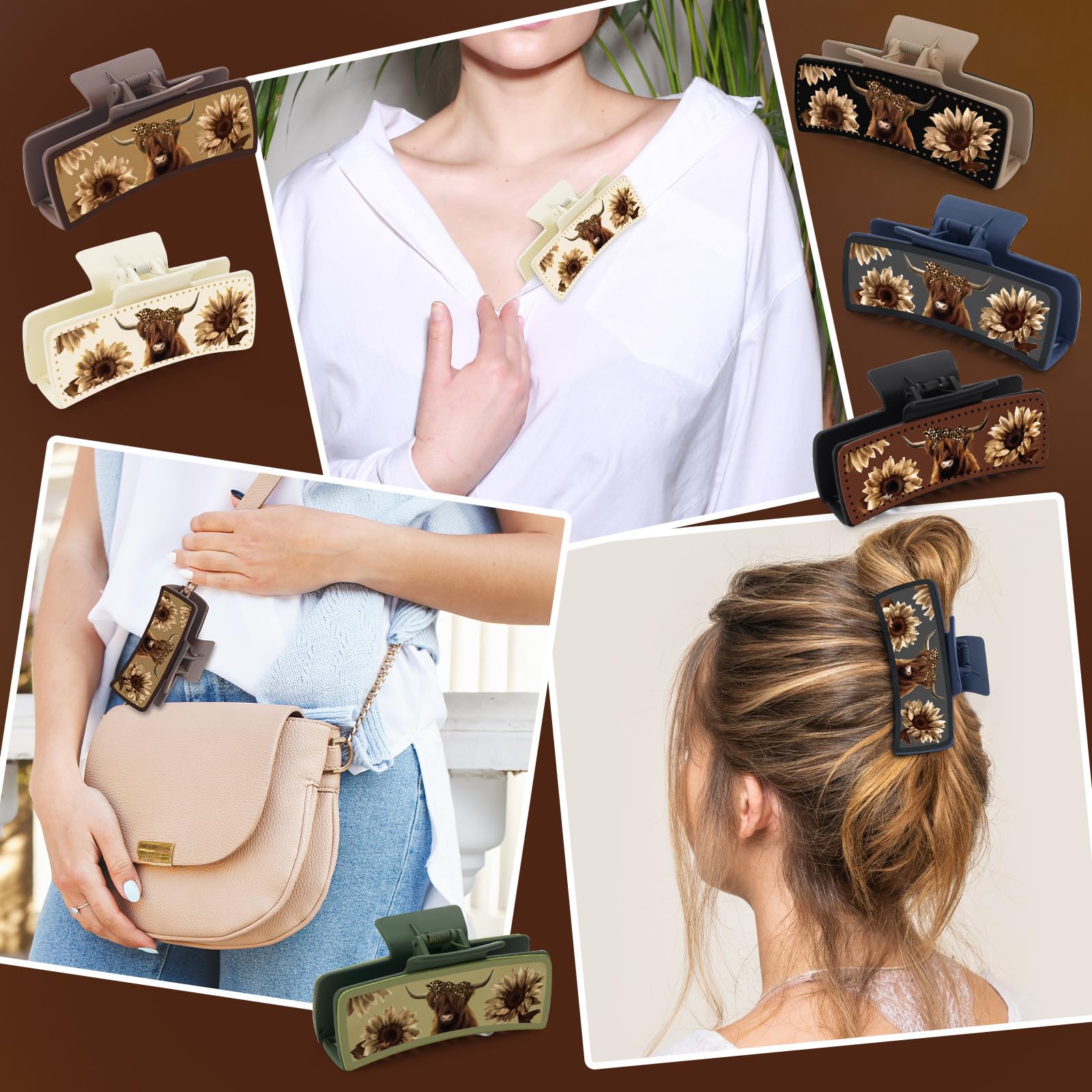 CiyvoLyeen Highland Cattle Hair Claw Clip khaki pairs with neutral outfits.