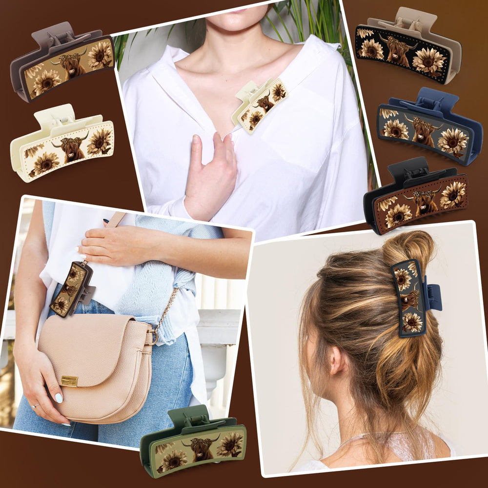 CiyvoLyeen Highland Cattle Hair Claw Clip khaki pairs with neutral outfits.