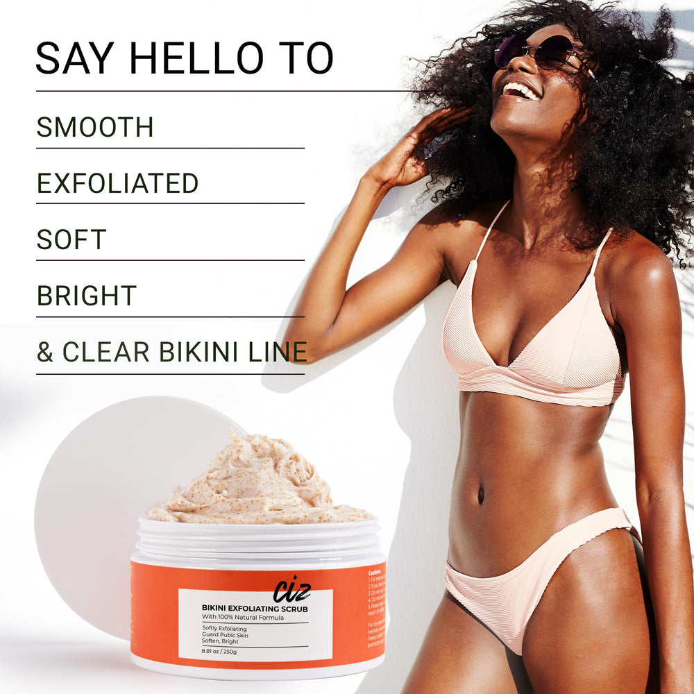 CIZ Bikini Area Exfoliator before-after scene hints at clearer skin and fewer bumps