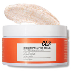 CIZ Bikini Area Exfoliator packaging highlights plant-based formula for gentle skin care