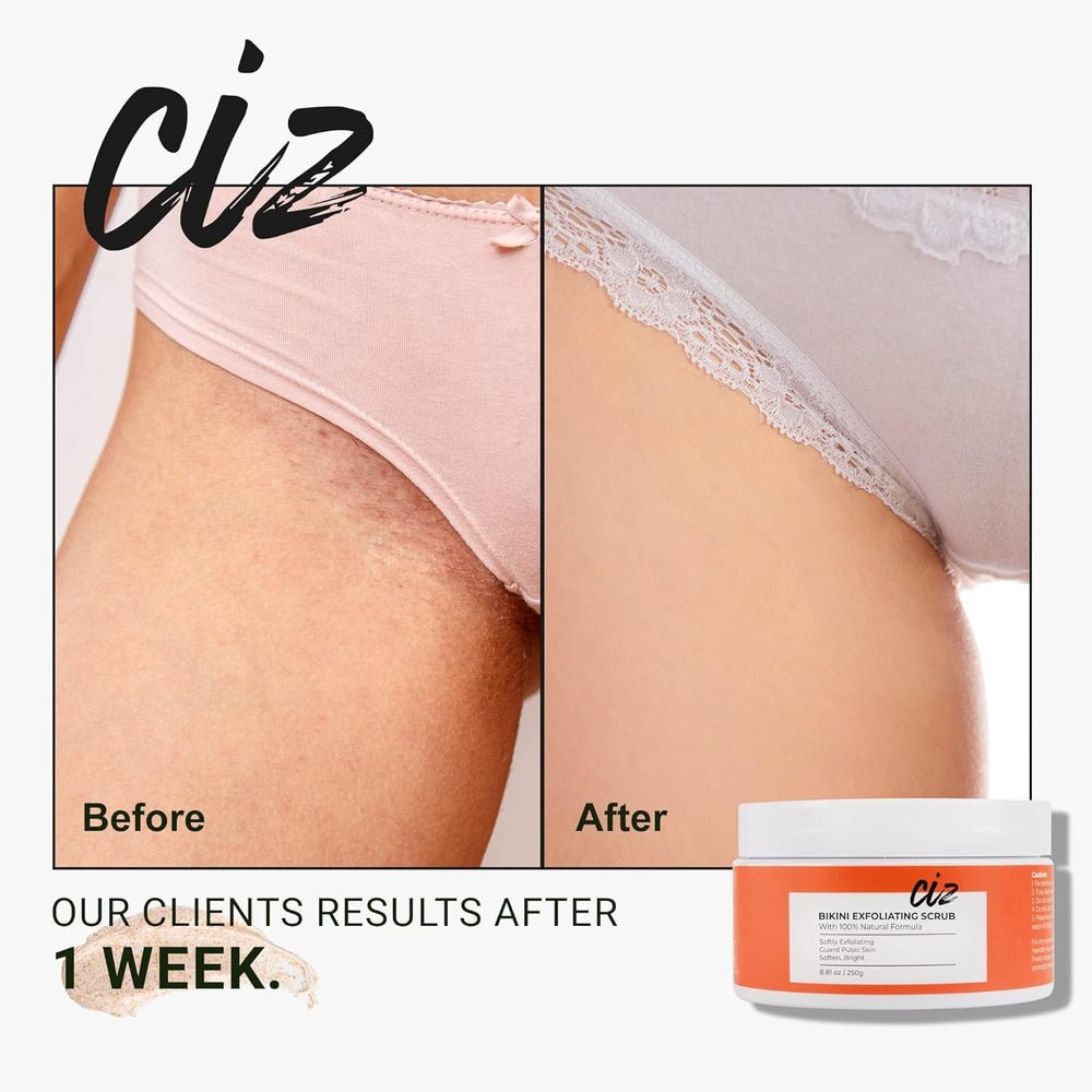 CIZ Bikini Area Exfoliator jar shows scrub texture for gentle bikini skin