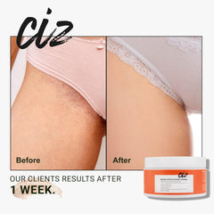 CIZ Bikini Area Exfoliator jar shows scrub texture for gentle bikini skin