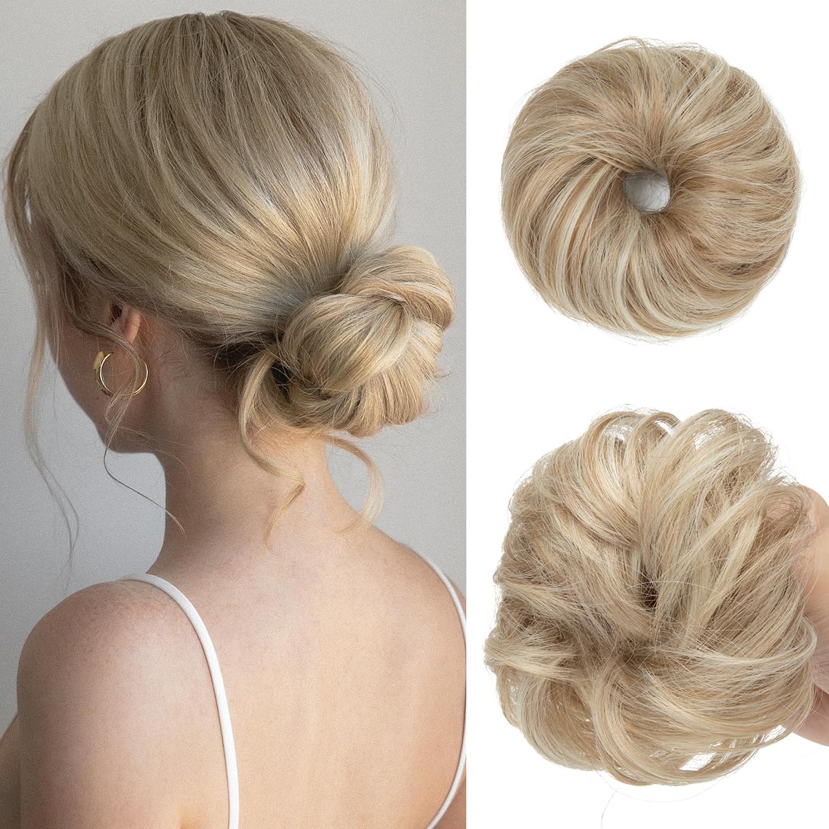 CJL HAIR Sunny Blonde small messy bun front view adds lightweight volume