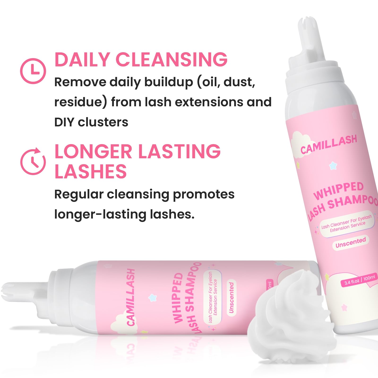 CL CAMILLASH dense-foam closeup shows long-lasting lather for quick lash cleansing
