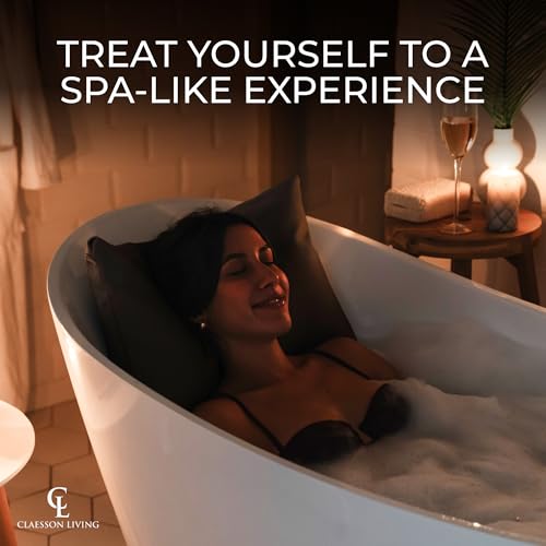 Claessonliving dark-gray bath pillow adds sleek, spa-inspired touch.
