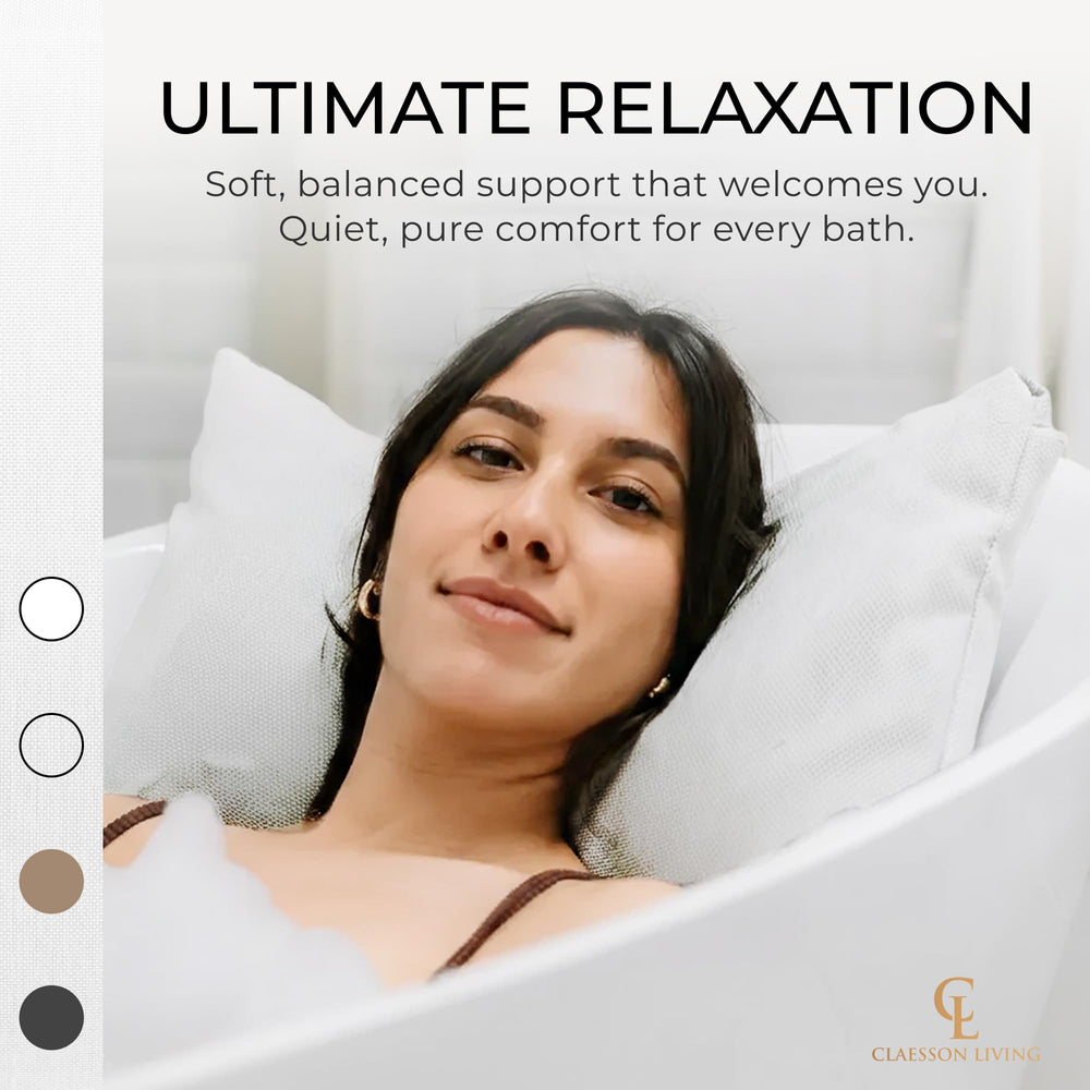 Claessonliving luxury bath pillow back closeup reveals durable fabric and dense padding.