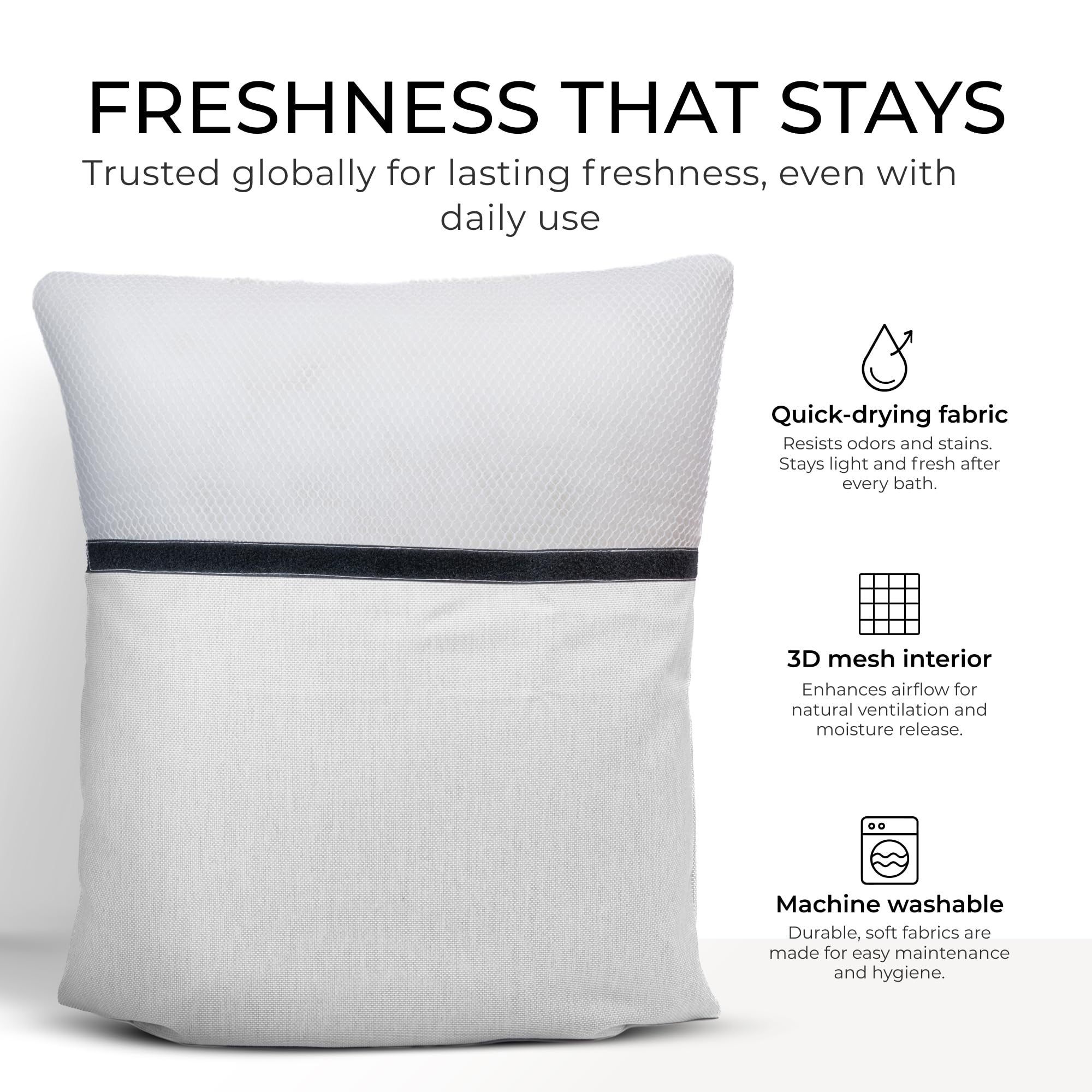 Claessonliving luxury bath pillow cover detail highlights stitching and removable cover.