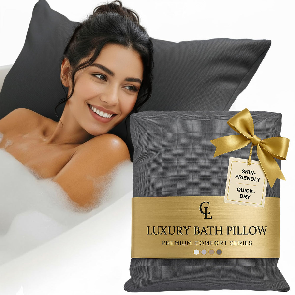 Claessonliving luxury bath pillow offers ergonomic head-neck support for long, comfortable soaks.